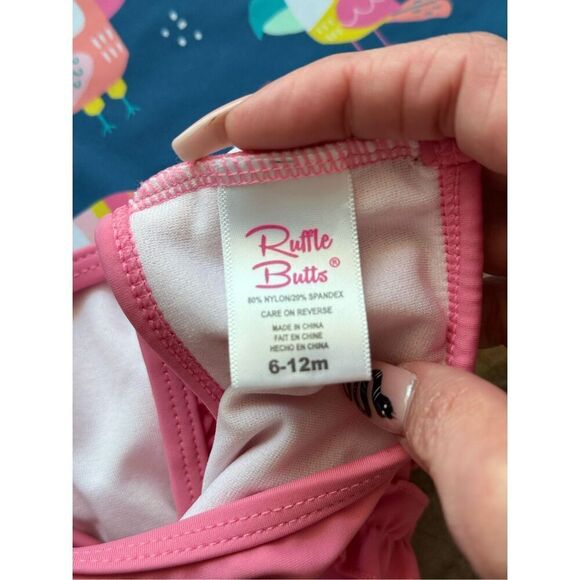 NWOT Ruffle Butts "You're The Tweetest" Mid-Sleeve Two Piece Swimsuit Baby Girl - Picture 8 of 10